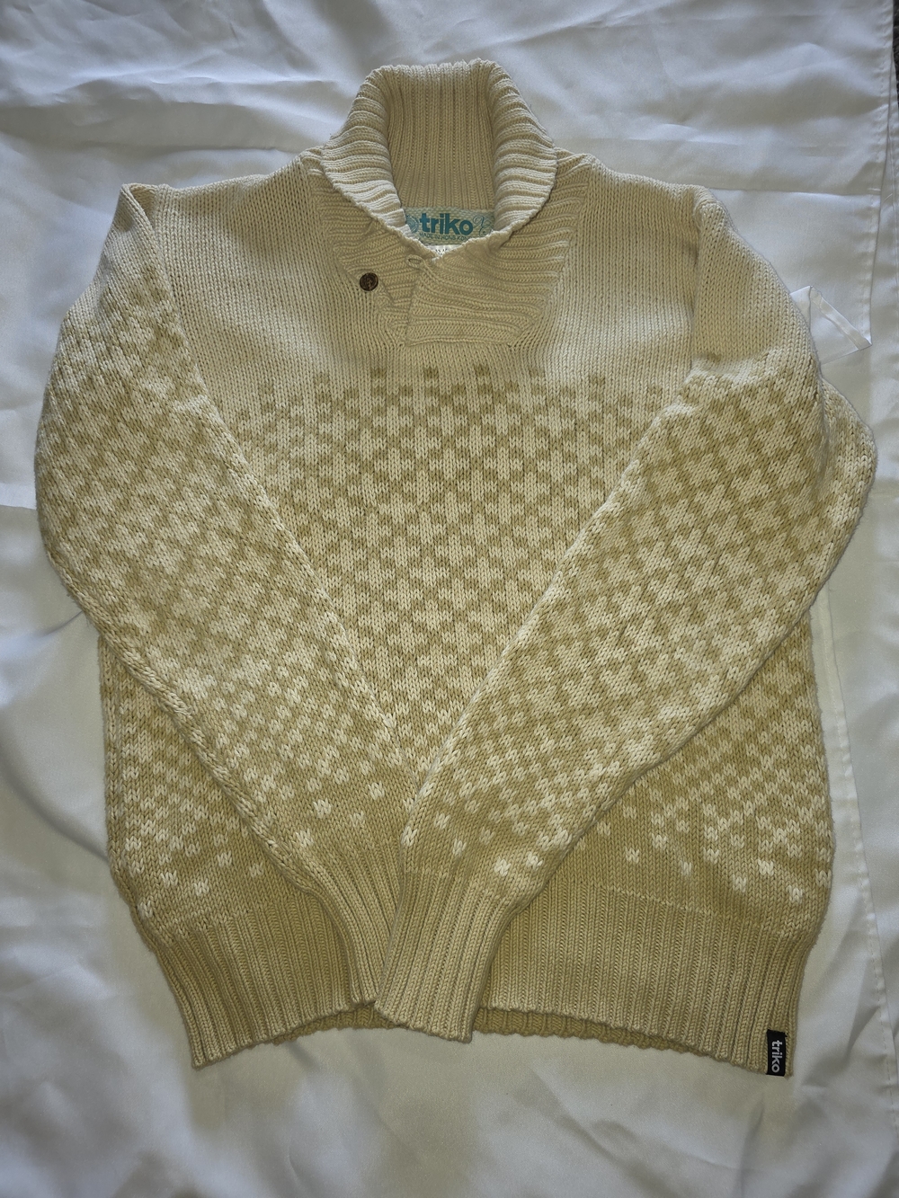 Cream Patterned Shawl-Collar Men's Sweater Size XL
